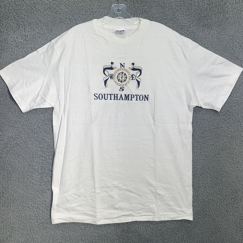 VTG Southampton T Shirt Men's Sz L White Single Stitch Embroidered Compass Tee